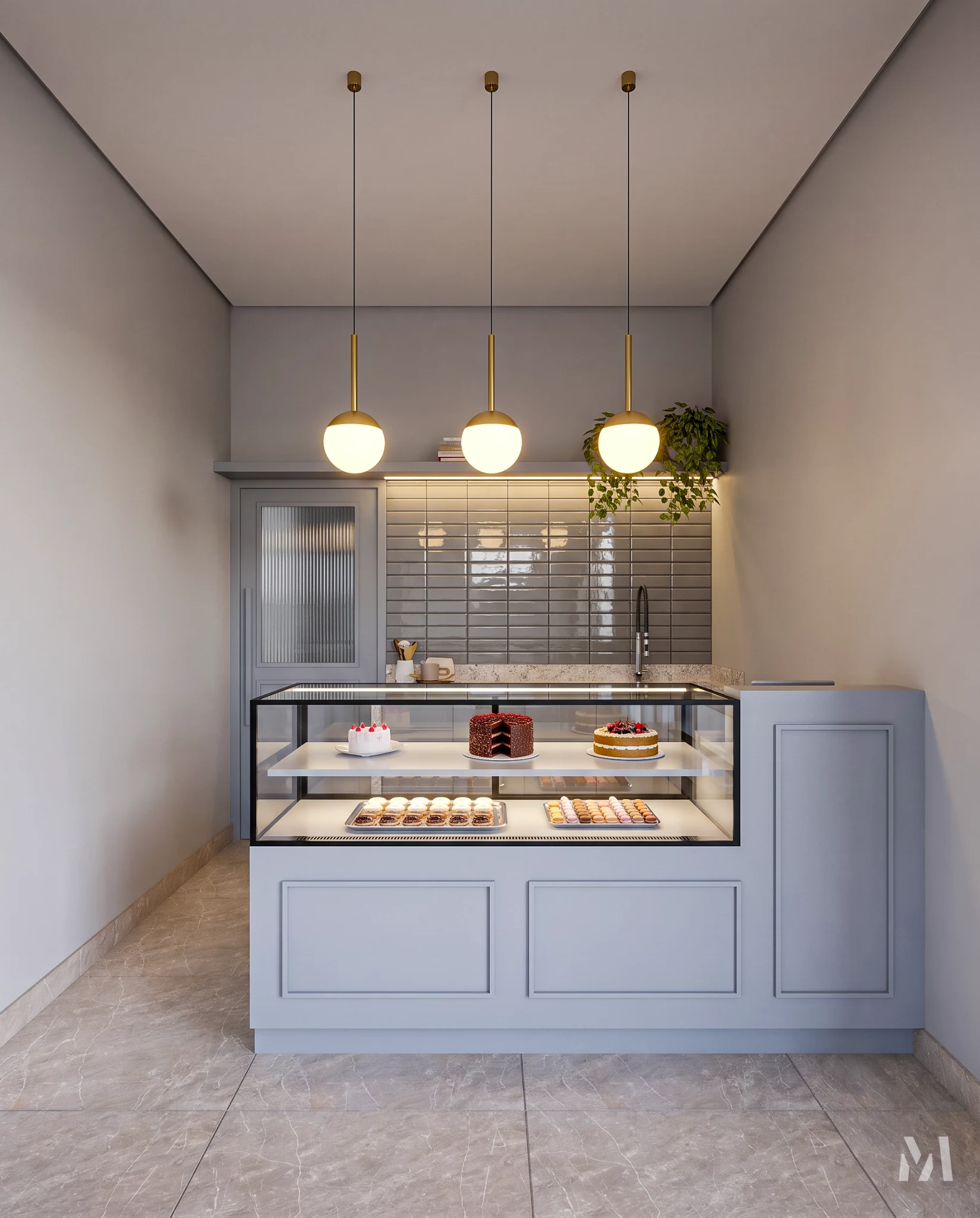 Interior da confeitaria com vitrine expositora